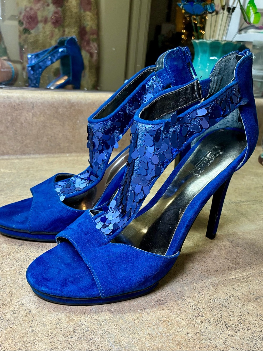 Carlos by Carlos Santana Royal Blue Sequin & Suede High Heel Sandals